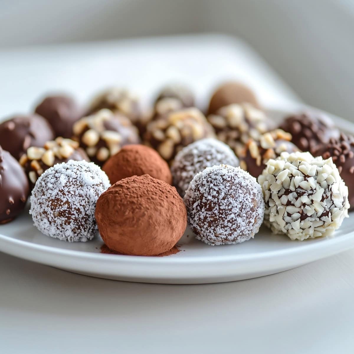 Chocolate Irish cream truffles coated with coconut, cocoa powder, and chopping nuts, on a white plate.