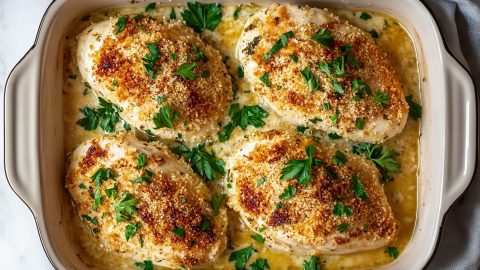 A baking dish filled with Caesar chicken fresh out of the oven with a golden brown crust.