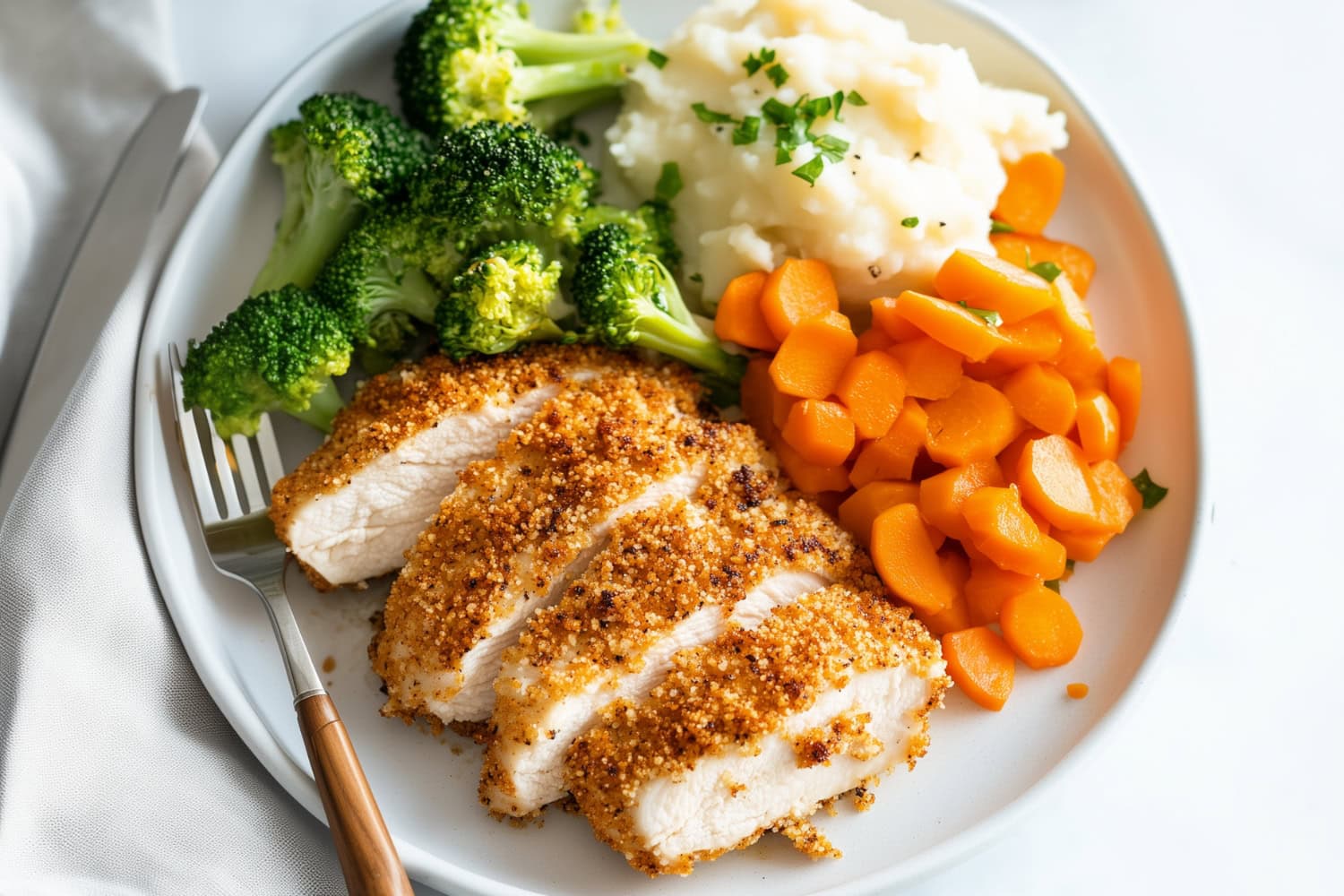 A slice of baked ranch chicken revealing a juicy interior and crispy exterior with vegetables and mashed potatoes on the side.