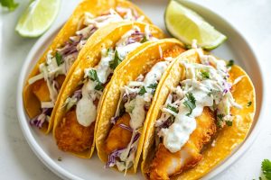 Beer battered fish tacos drizzled with white sauce served on a white plate.