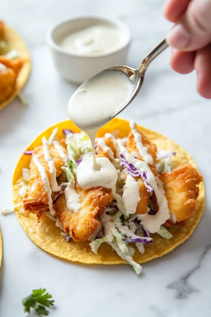 White Baja fish taco sauce drizzled over beer battered fish tacos. 