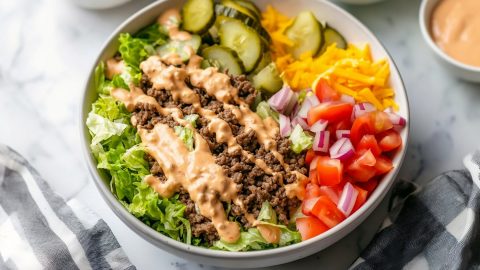 Big Mac bowl topped with shredded cheese, vegetables, and a generous dollop of special sauce.