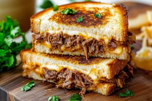 Sliced in half birria grilled cheese in a wooden board.