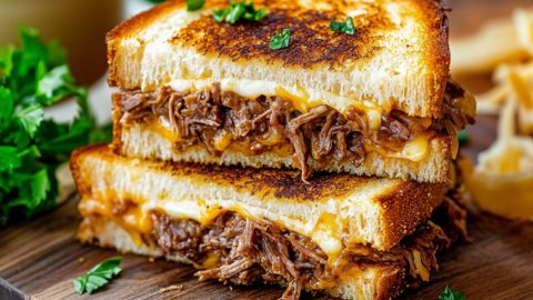 Sliced in half birria grilled cheese in a wooden board.