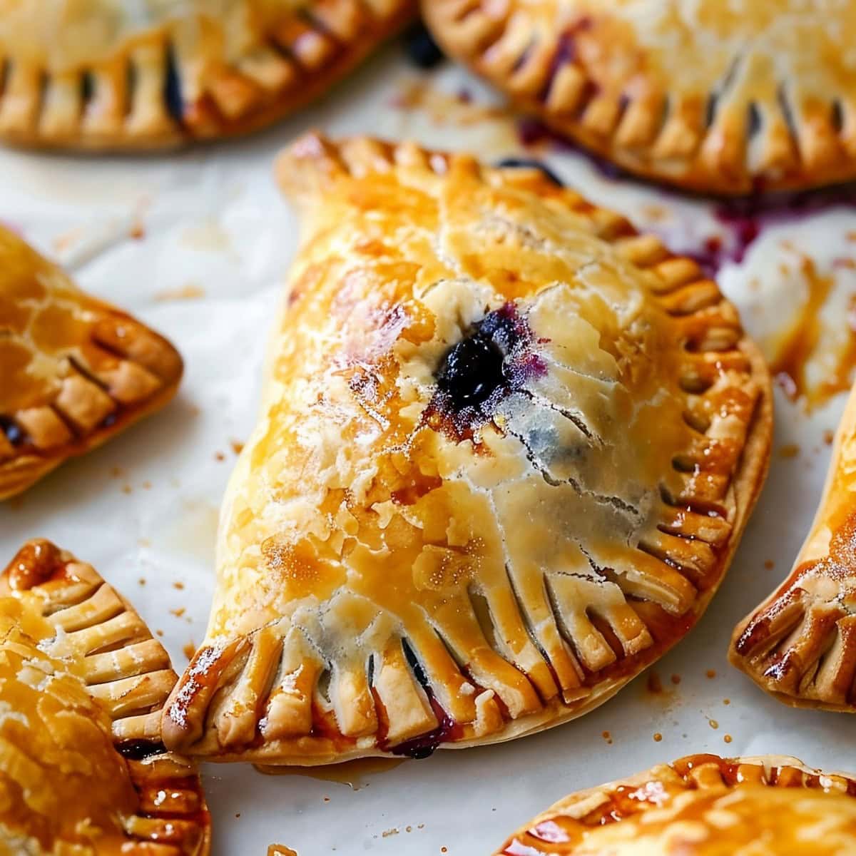 Freshly baked blueberry hand pies on parchment paper, close up