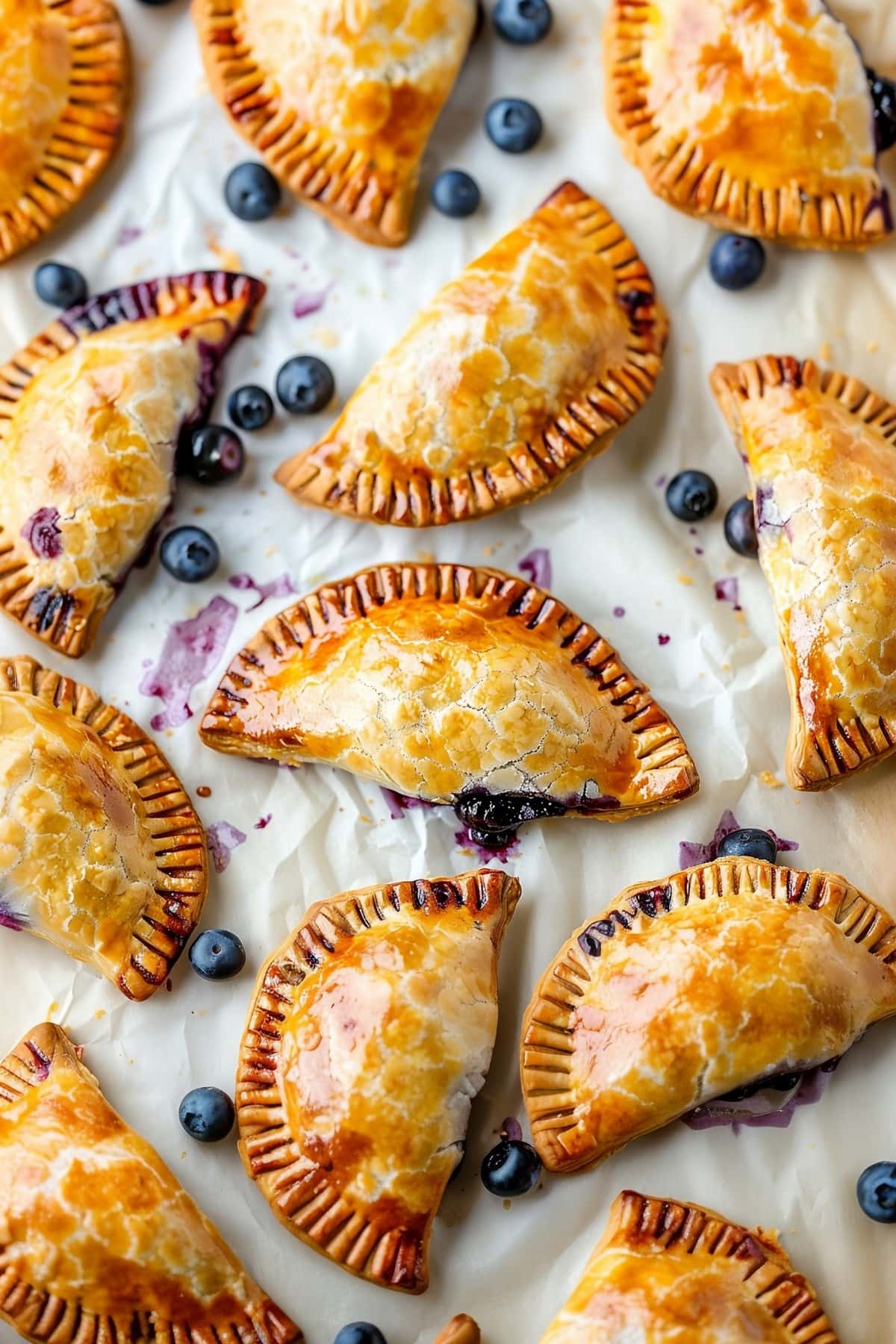 Golden brown blueberry hand pies, top down view