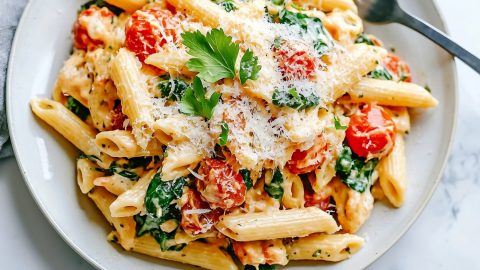 Boursin cheese pasta with a rich, creamy sauce and a sprinkle of fresh parsley.