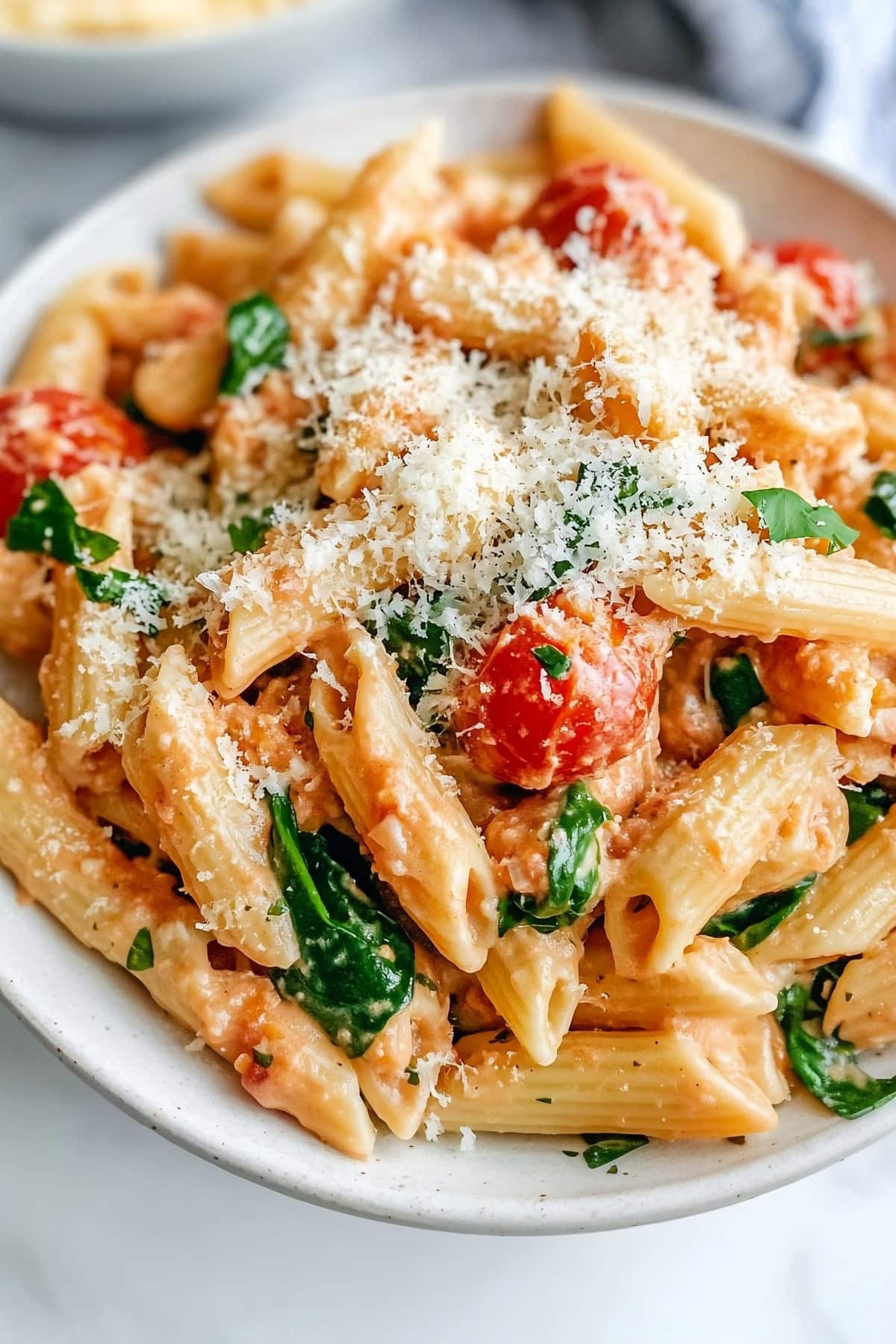 Boursin cheese pasta with tomatoes and spinach, close-up