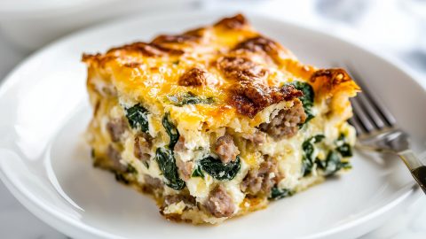A slice of golden-brown breakfast strata in a plate, hero shot