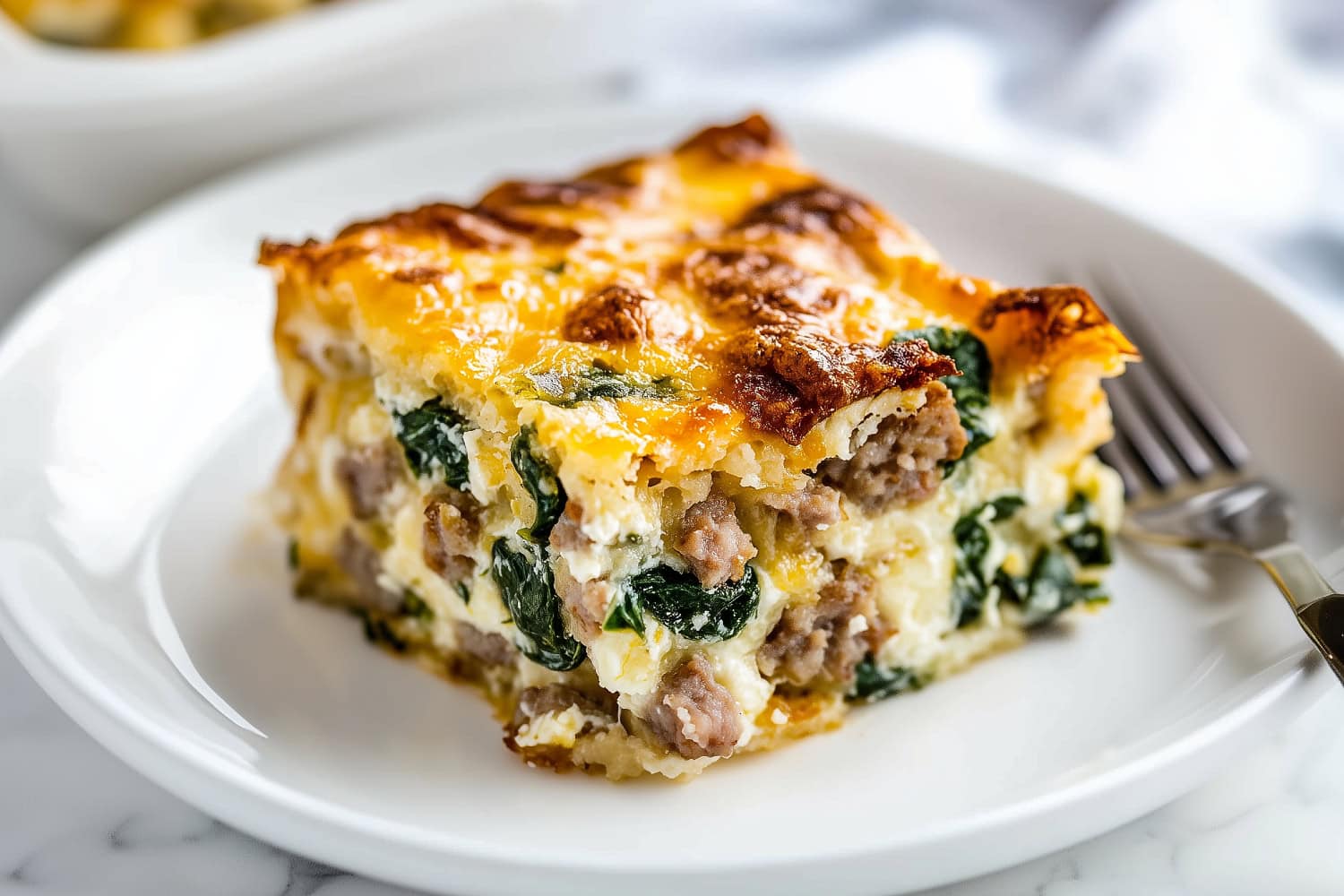 A slice of golden-brown breakfast strata in a plate, hero shot