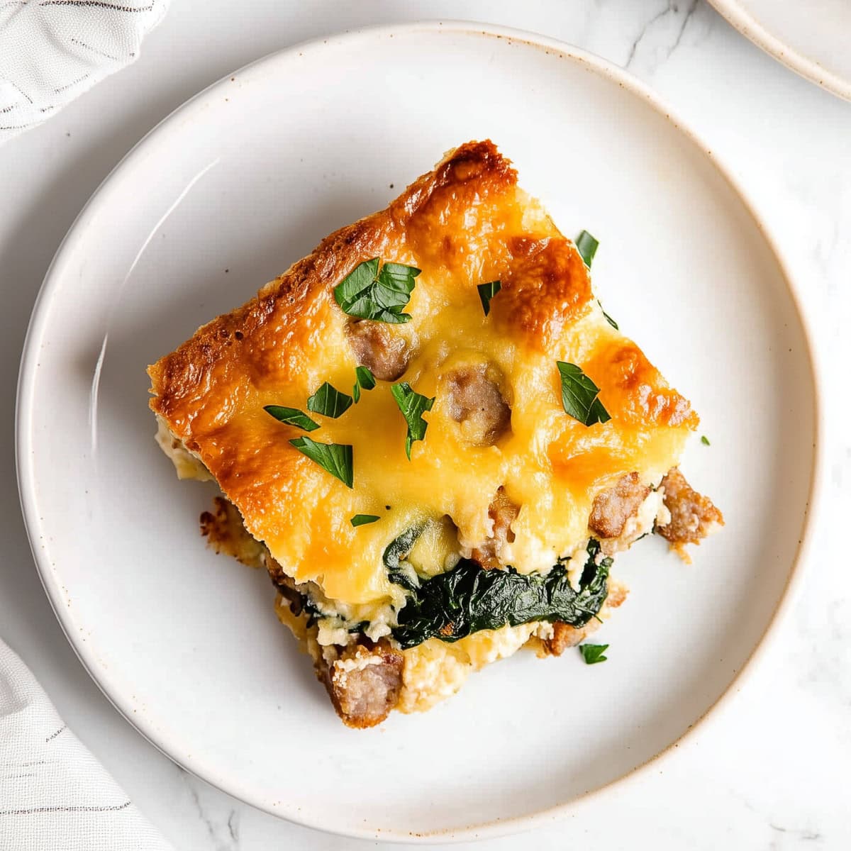 A slice of breakfast strata garnished with parsley, overhead view.