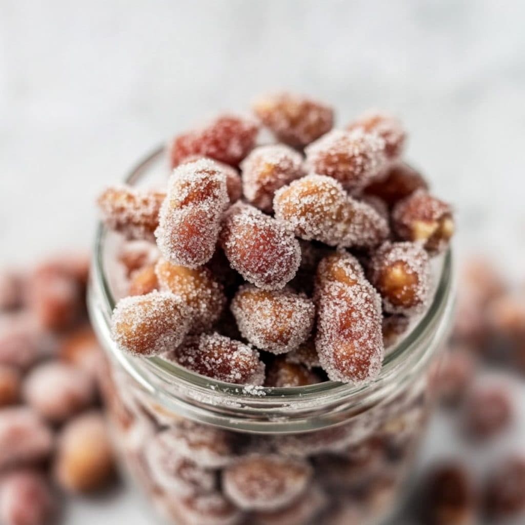 Candied peanuts in a glass jar. 