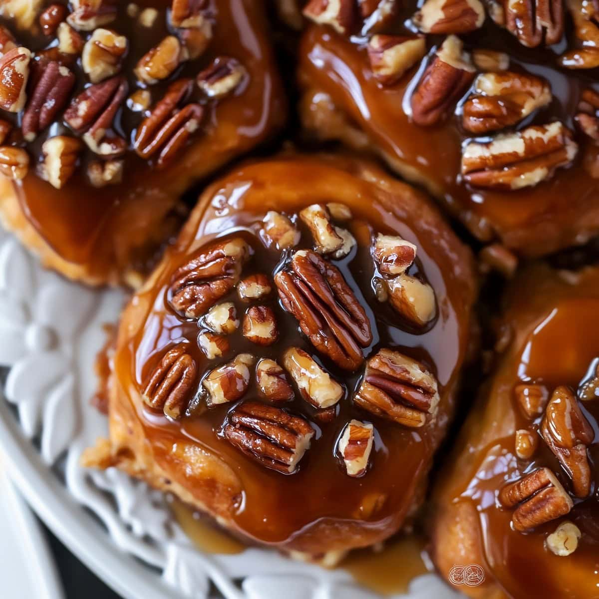 Caramel pecan sticky buns, close up, top view