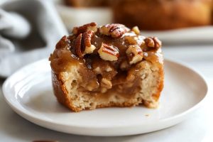 A piece of caramel pecan sticky buns in a plate on a white marble table.