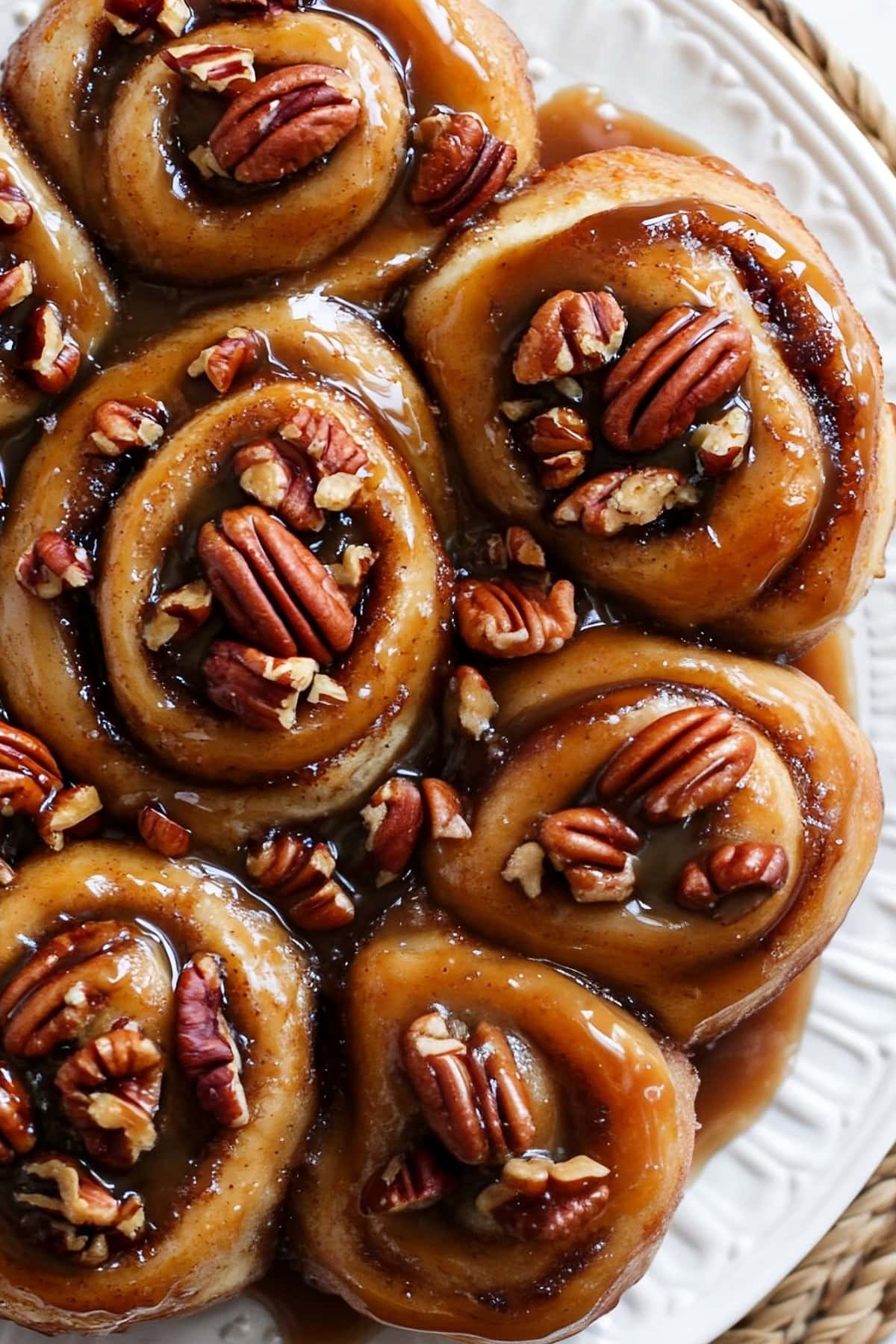 Sticky buns with a caramel glaze and pecan topping, top view