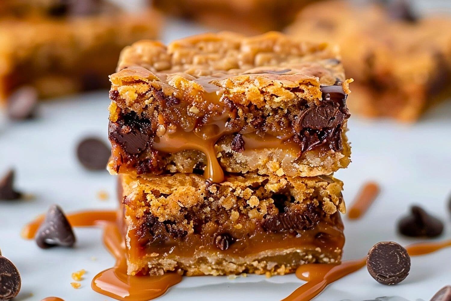 Carmelitas sliced in squares with caramel center, and decadent chocolate chips.