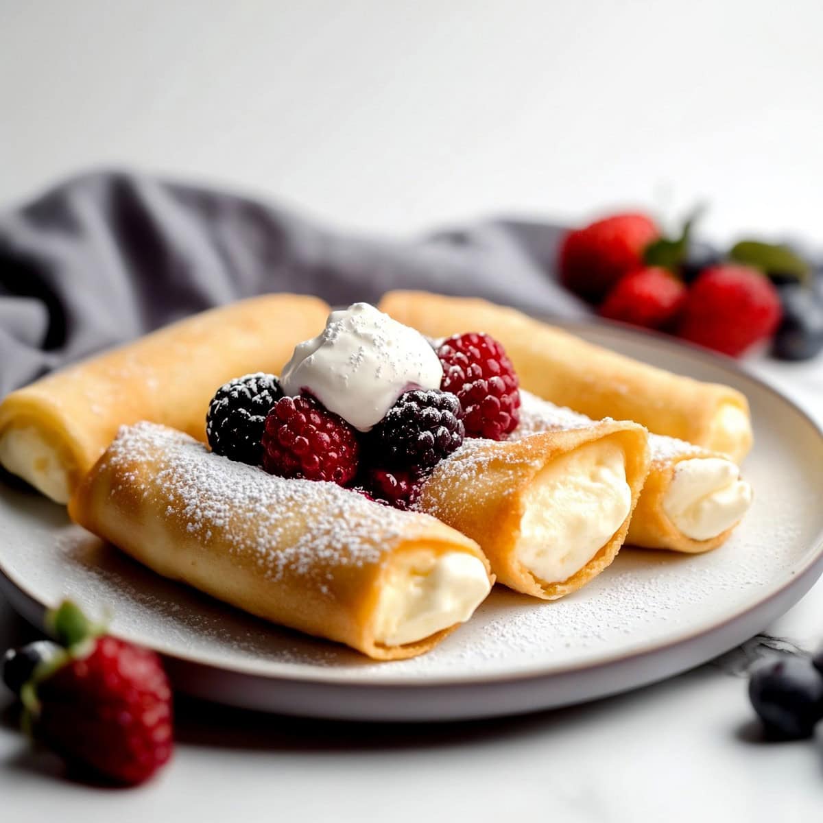 Cheese blintzes with berries arranged on a plate.