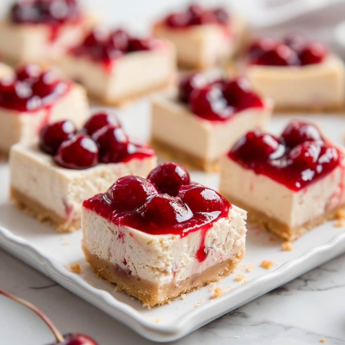 Freshly baked cherry cheesecake bars with a smooth, rich filling.