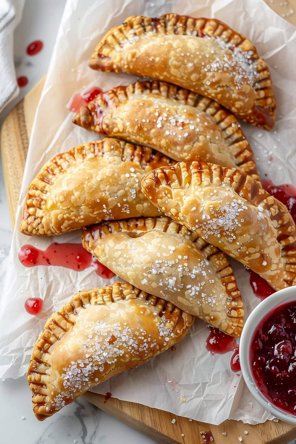 Cherry hand pies on a wooden board, overhead shot.