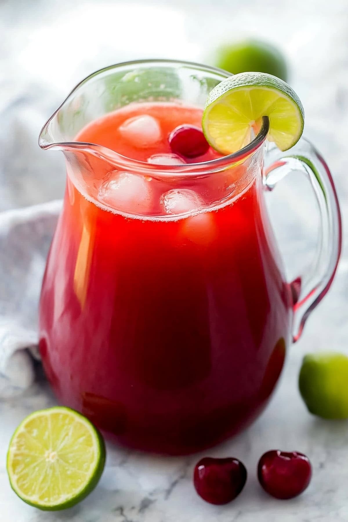 A pitcher full of cherry limeade, garnished with lime wedges and cherries