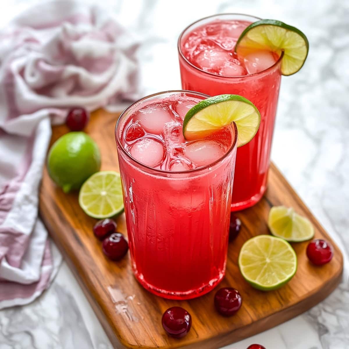 Iced cold cherry limeade in two tall glasses with fresh limes and cherries, on a chopping board