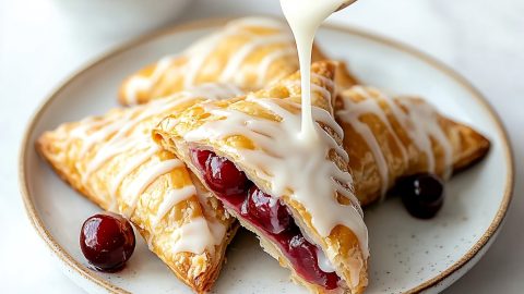 Homemade cherry turnovers with a glossy glaze and chunks of juicy cherries.