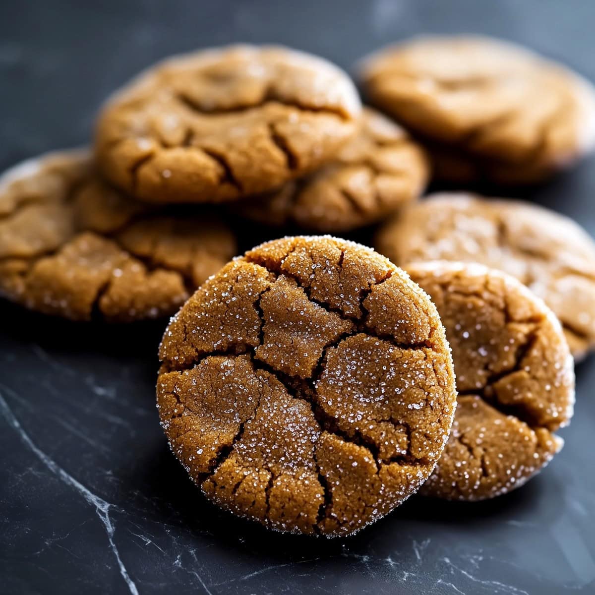 Molasses cookies with a golden-brown, sugary crust on a black marble table.