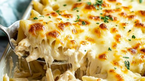 Cheesy homemade chicken alfredo casserole in a spoon, close-up