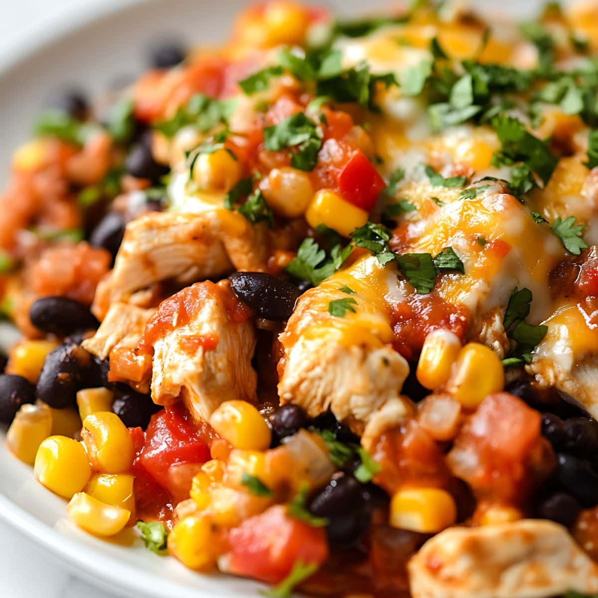 Cheesy chicken enchilada serving in a white plate.