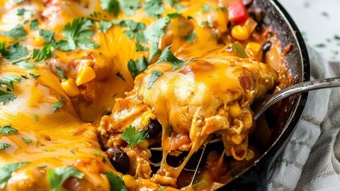 Cheesy chicken enchiladas cooked in a cast iron skillet pan, scooped with a spoon.