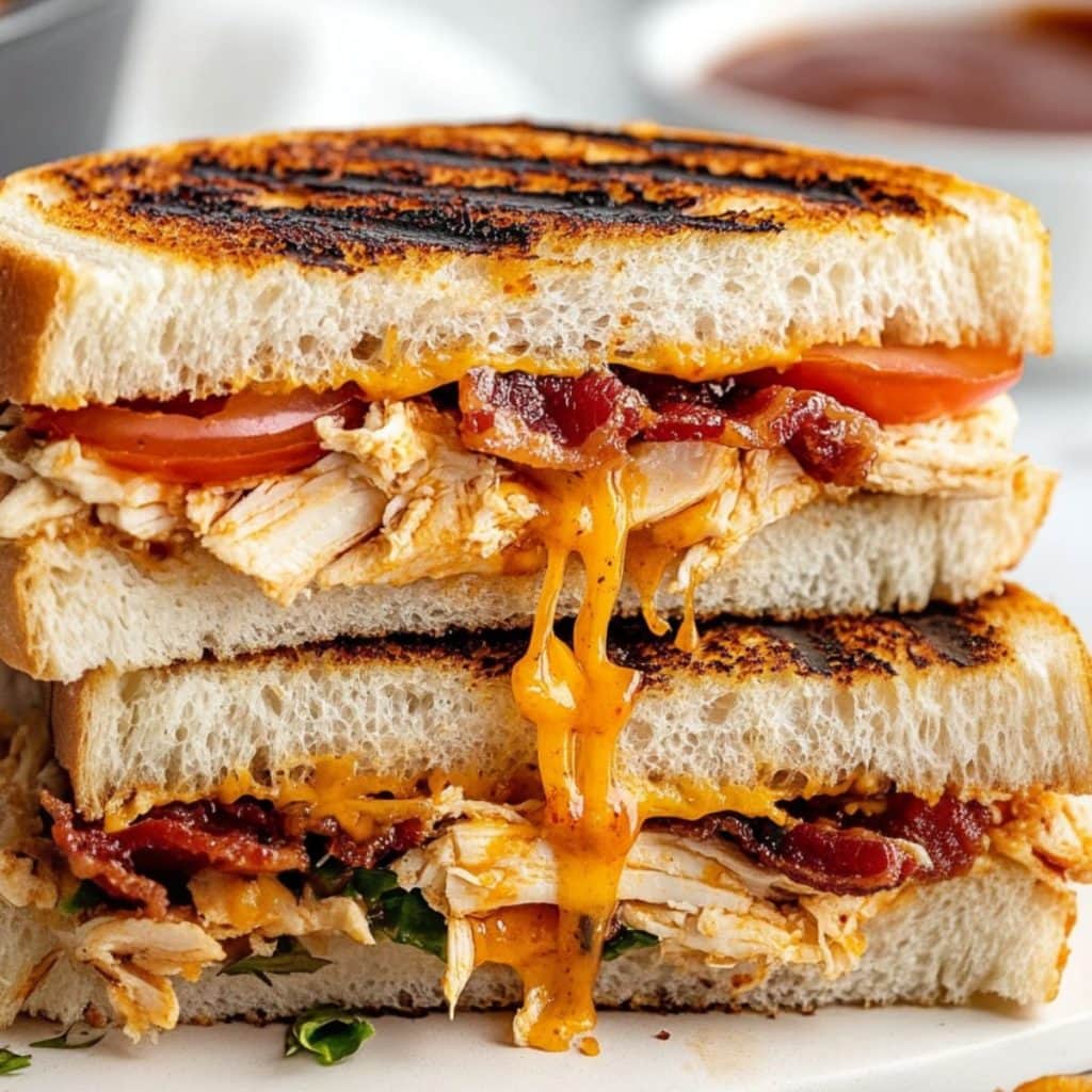 Sliced chicken panini with shredded chicken, tomato, bacon, and melted cheese served on a white plate.