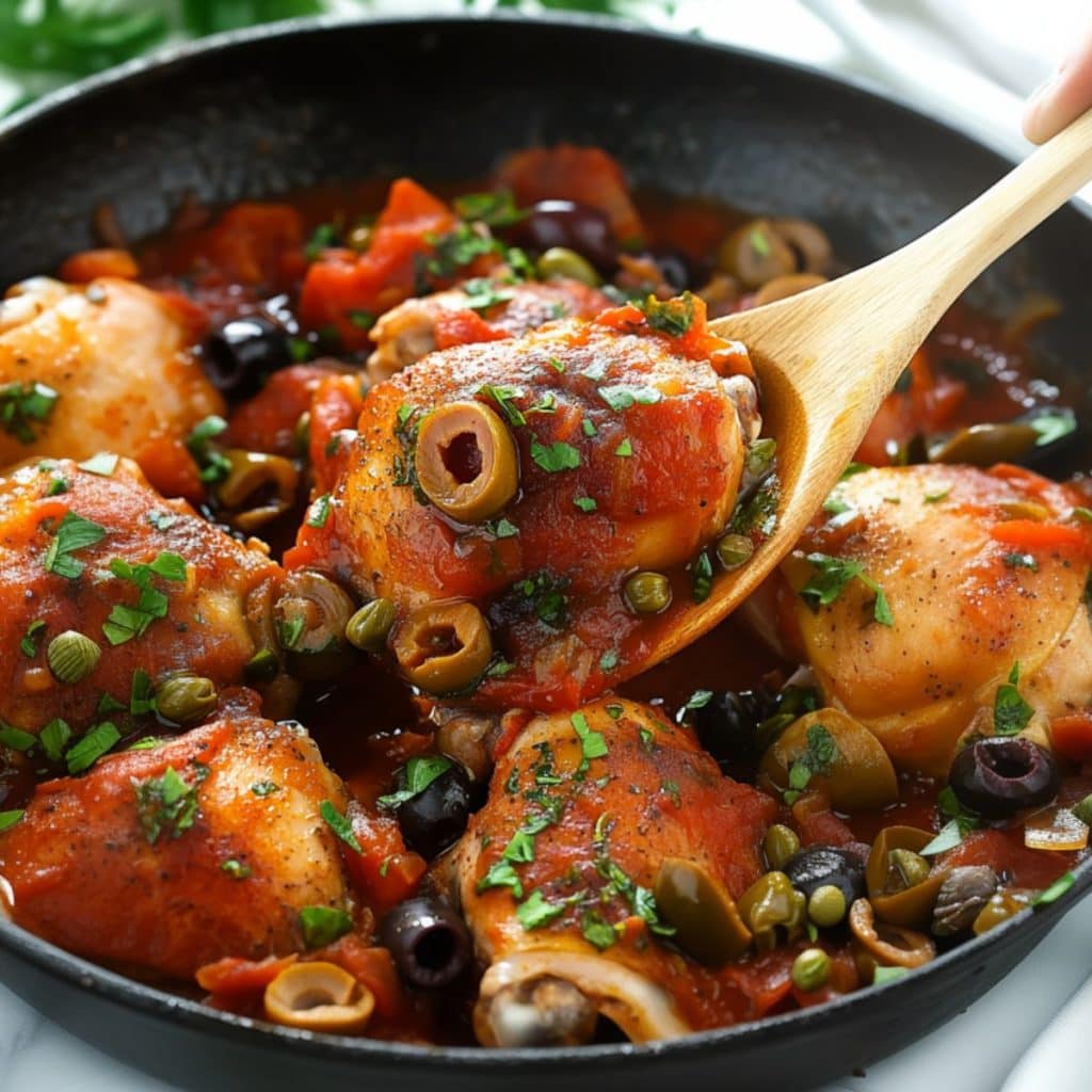 Wooden spoon lifting a portion of chicken puttanesca with olives, capers, anchovies and tomato sauce cooked in a cast iron pan.