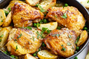 Chicken vesuio in a cast iron skillet pan garnished with chopped parsley leaves.