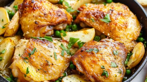 Chicken vesuio in a cast iron skillet pan garnished with chopped parsley leaves.