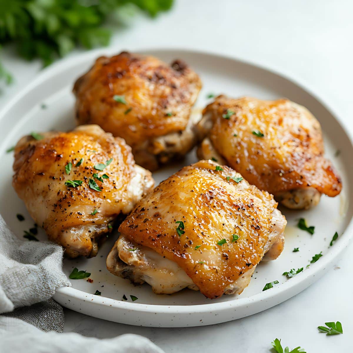 Roasted chicken thigh on a white plate.