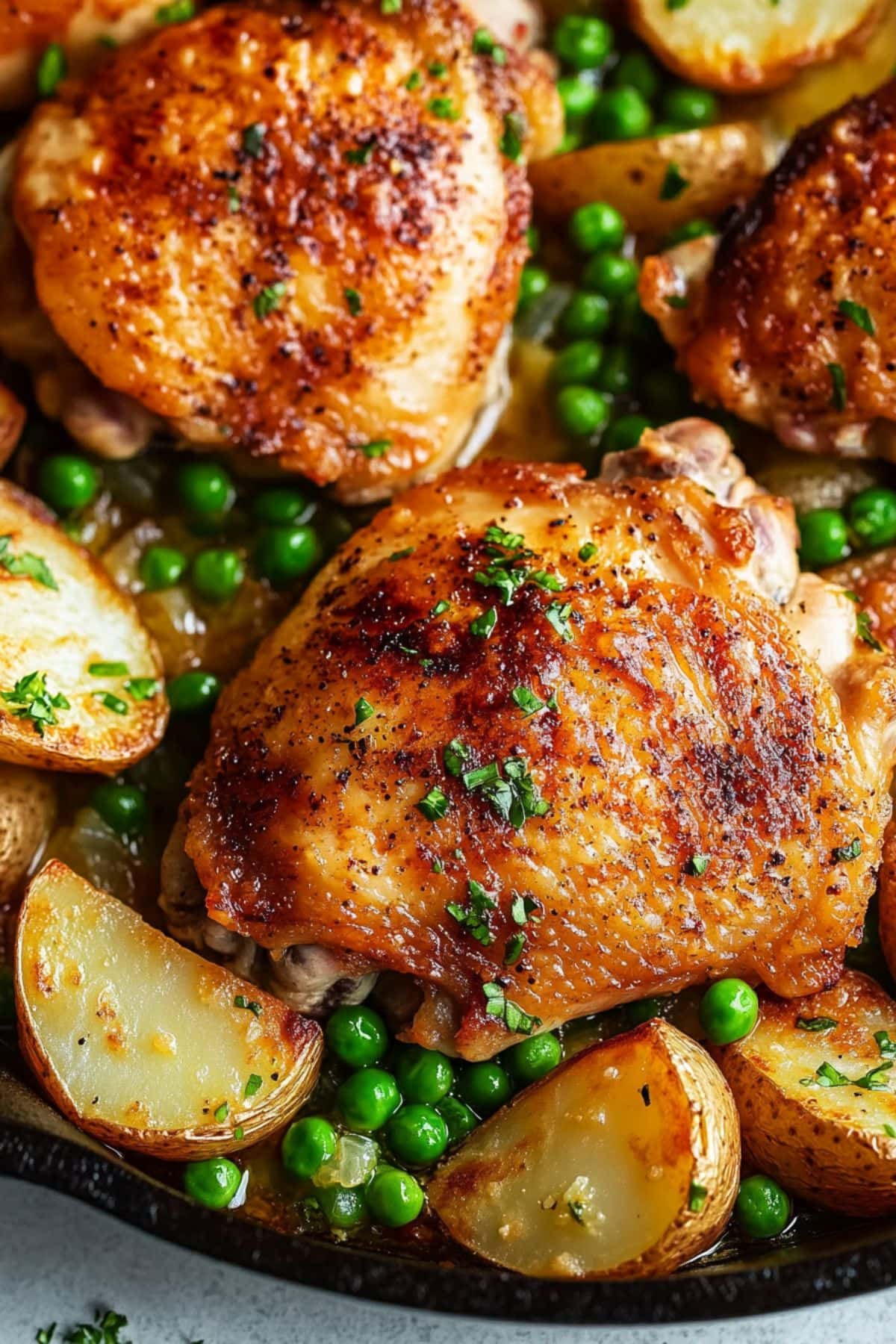 Baked chicken thigh cooked with potato wedges, green peas and buttery sauce in a cast iron skillet.