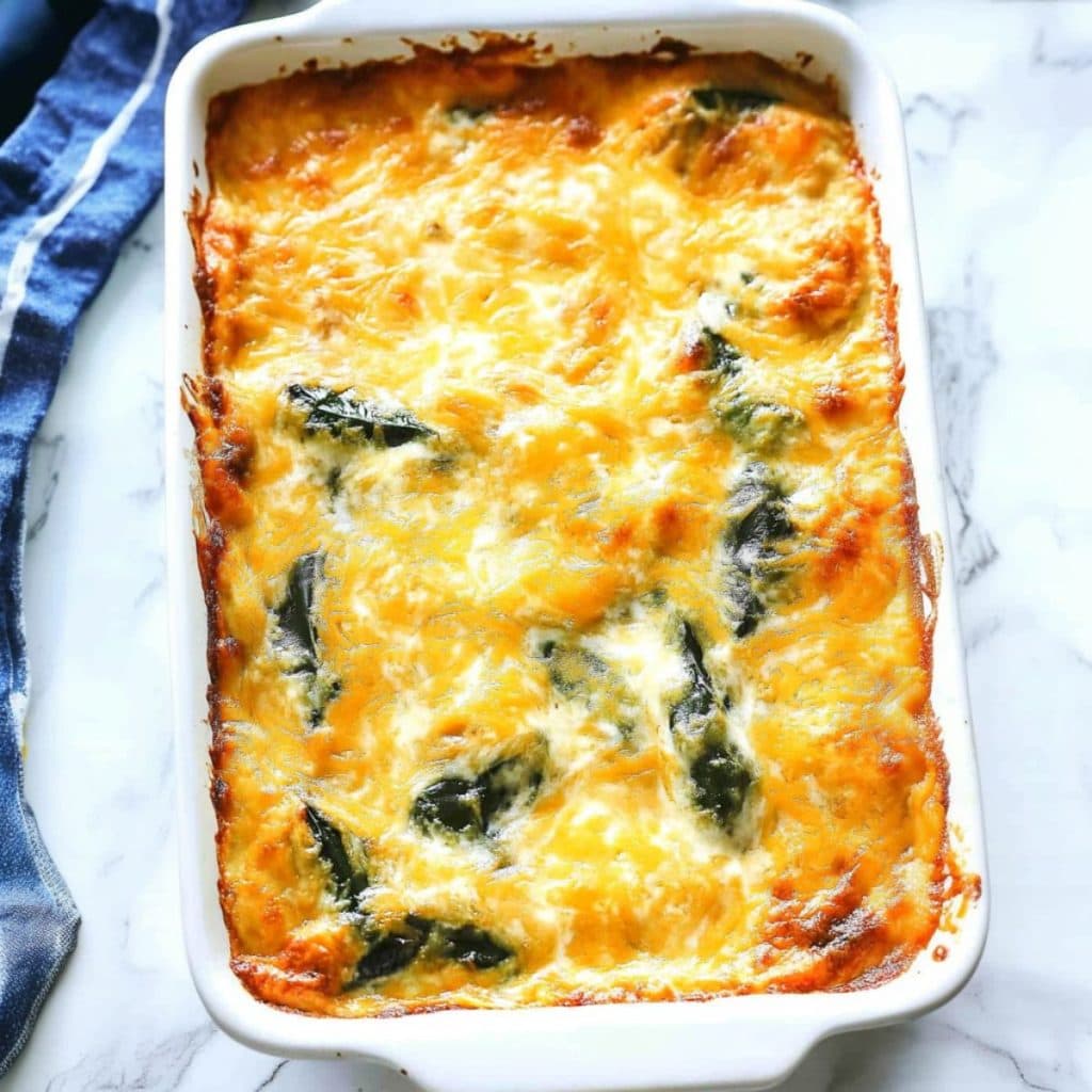 Cheesy chille relleno casserole in a 9x13 inch baking dish, top view