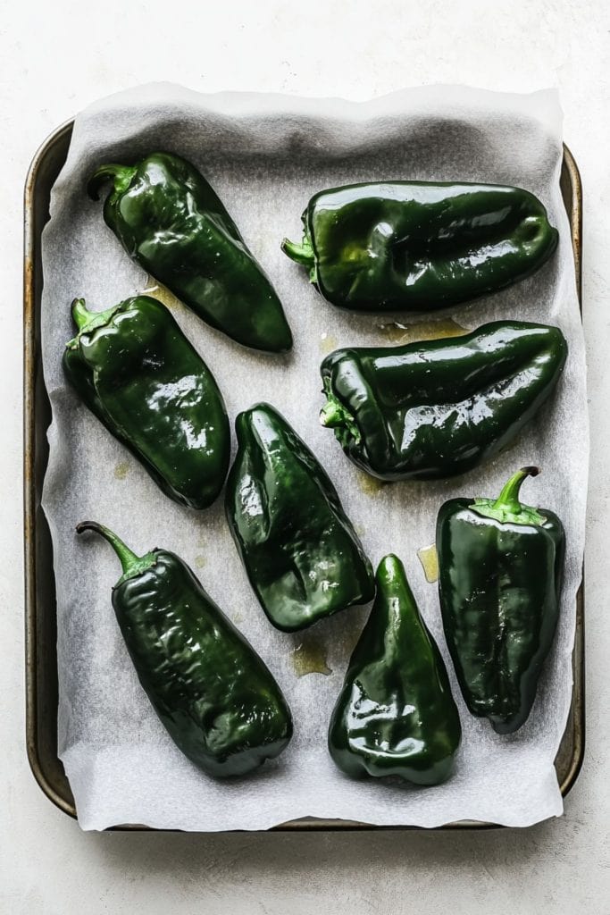 Poblano peppers on a baking sheet, top view