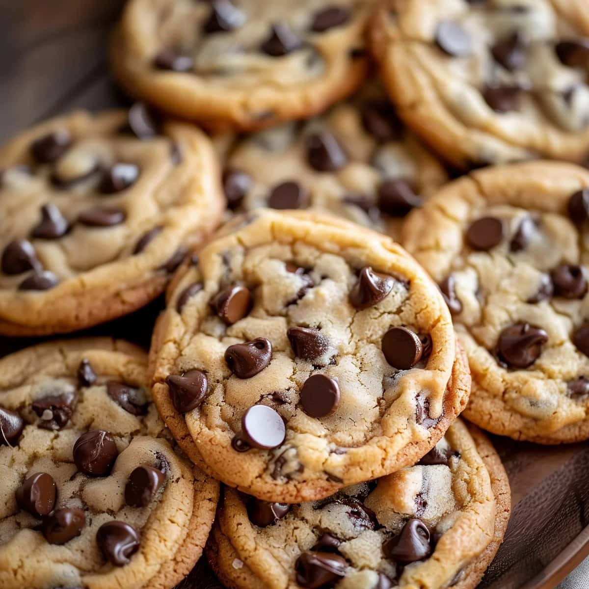 Homemade soft and chewy chocolate chip pudding cookies on a wooden board. 