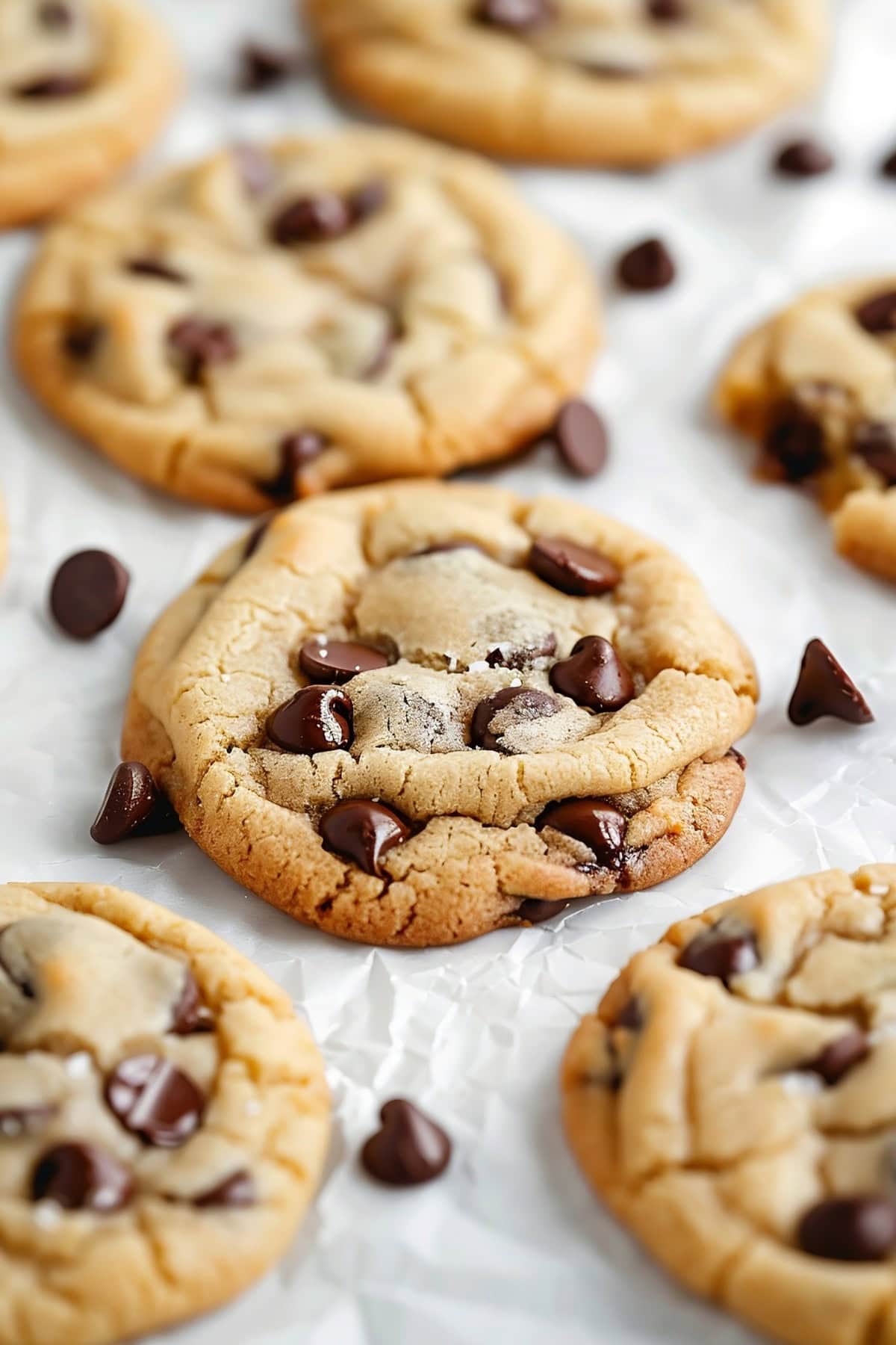 Chocolate chip pudding cookies with a sprinkle of sea salt on top.