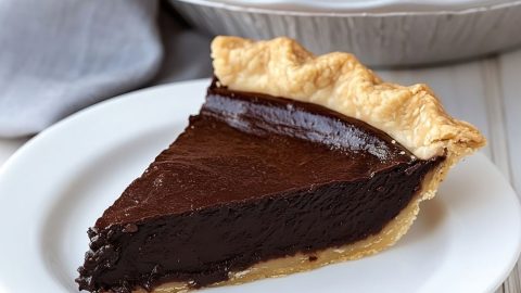 Slice of chocolatey fudge pie served in a white plate.