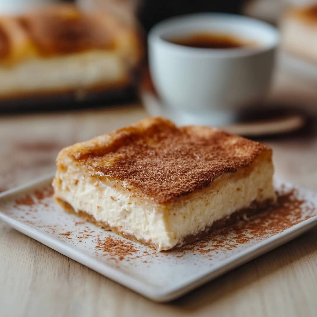 A piece of churro cheesecake bar on a plate with coffee on the side.