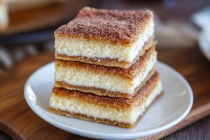 Churro cheesecake bars arranged on a serving platter, each bar beautifully coated with cinnamon sugar.