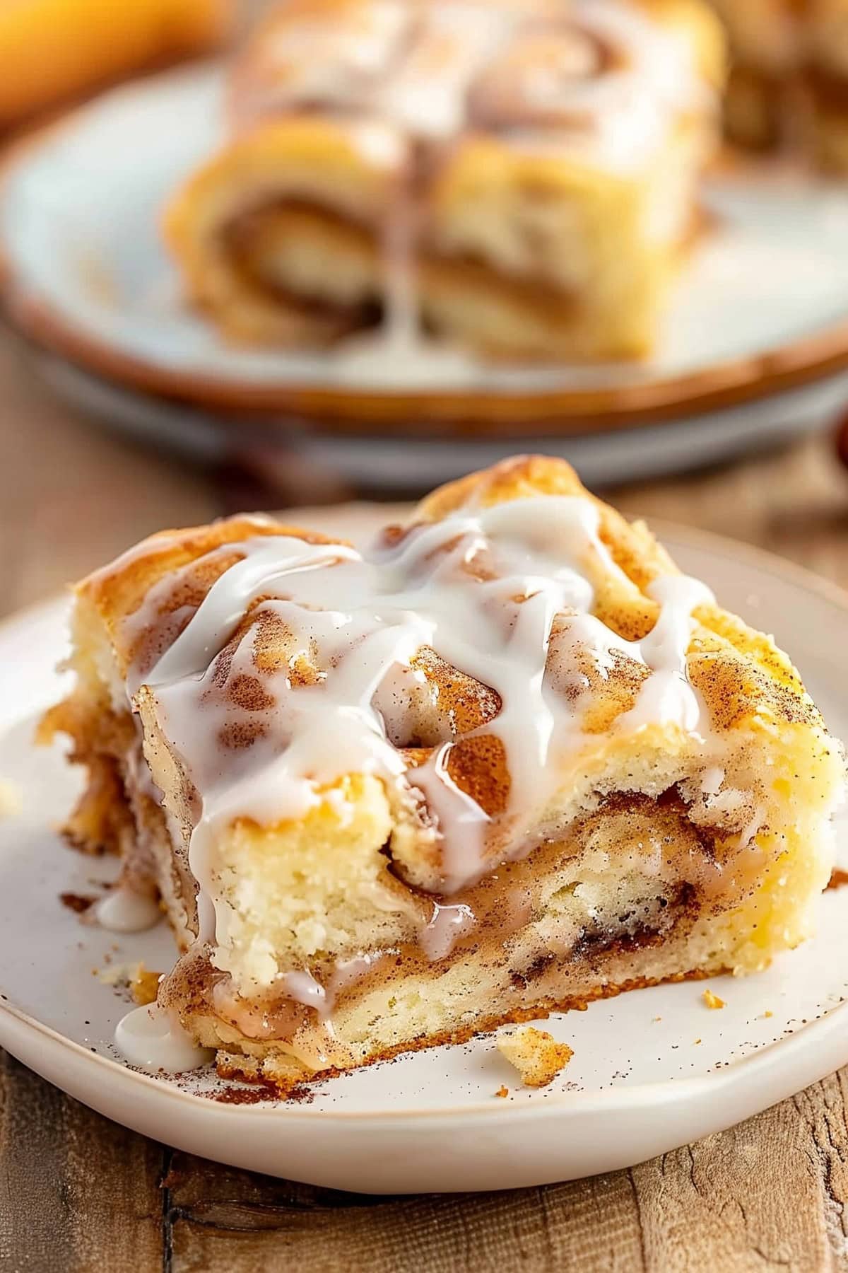 Freshly baked cinnamon roll cake drizzled with vanilla glaze on a plate