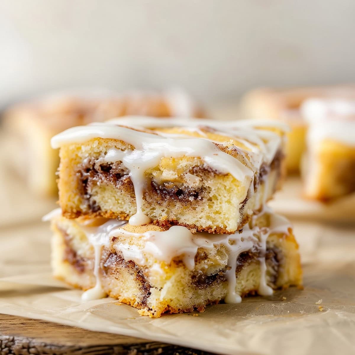 Perfectly baked cinnamon roll cake slices with a golden brown crust and glaze, stacked on a wooden table with parchment paper underneath