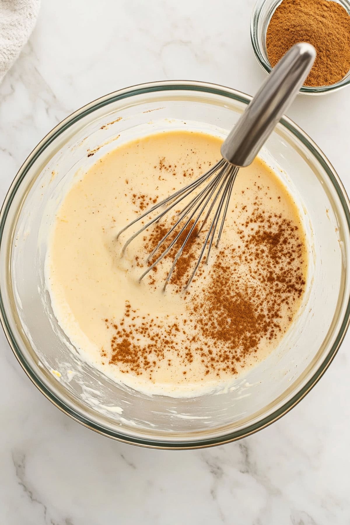 Eggs, heavy cream, maple syrup, vanilla, and spices in a bowl. 