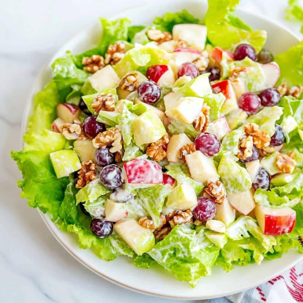 Wardolf salad in a bed of lettuce served on a white plate. 