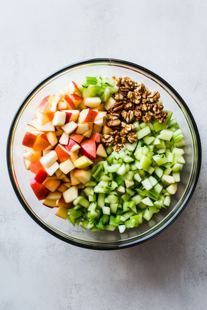 Sliced green and red apples, celery and chopped nuts in a glass bowl, top view. 