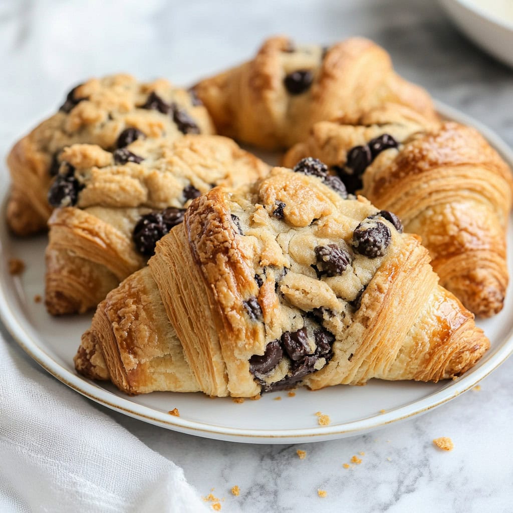 Plate of Croissants with chocolate chip cookie dough baked into the top