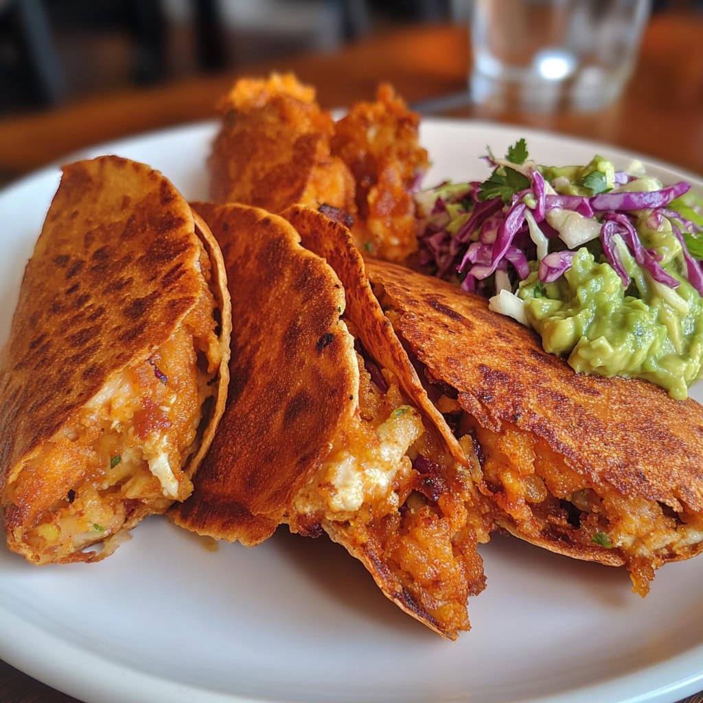 Crispy Chicken Tacos on a plate with guacamole and slaw